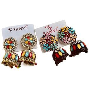 TWO PAIRS Indian Bollywood Jhumka Colorful Indian Ethnic Fashion Earring Set 2"